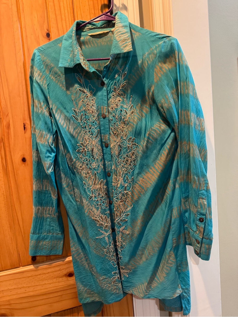 Soft Surroundings Turquoise and Gold Embroidered Button-Front Skirt